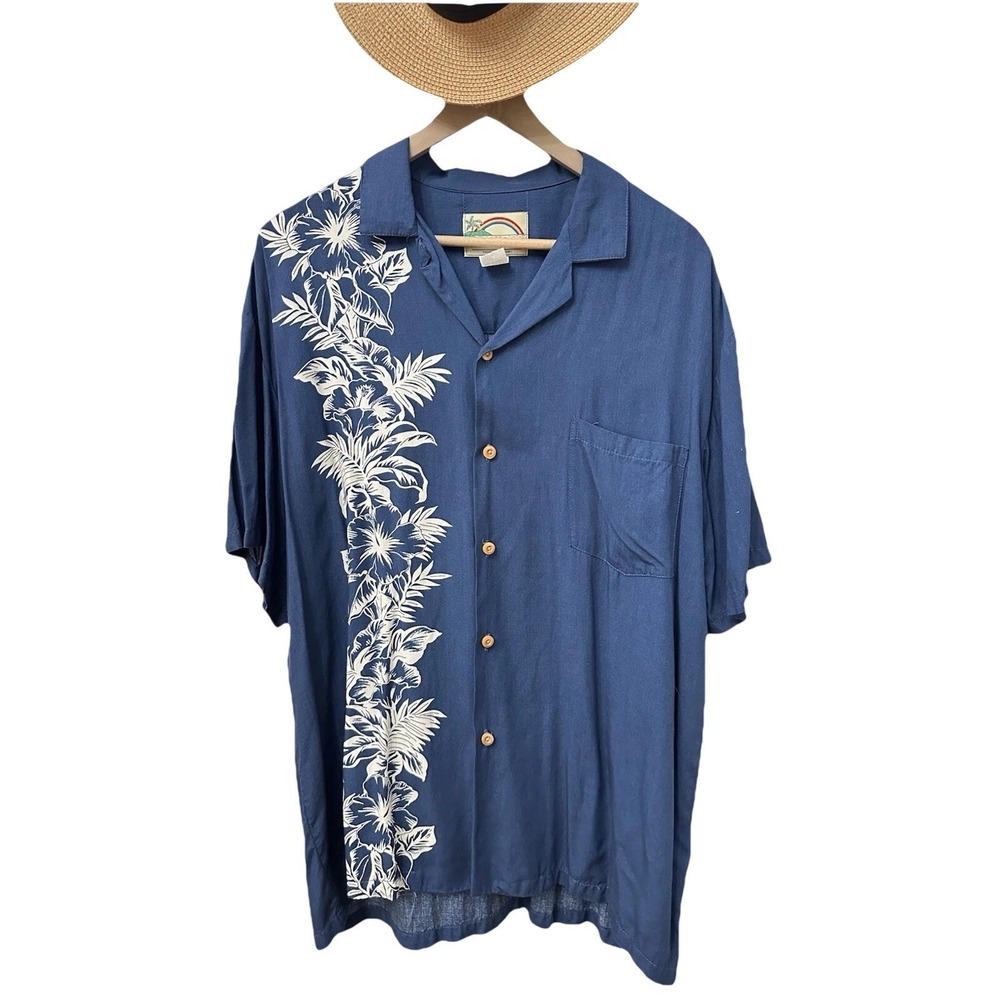 Paradise Found Hawaiian Shirt Large Navy Blue Hibiscus Rayon Made in‎ Hawaii